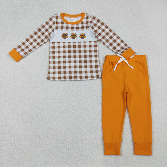 10.1 RTS NO MOQ （In stock）BLP1186 Baby Boys Winter Outfits Embroidery Turkey Baby Boys Checked Top Pockets Pant Thanksgiving Clothes Set