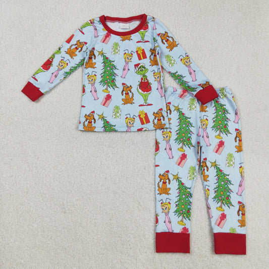 RTS NO MOQ （In stock）BLP1189 Baby Boys Winter Outfits Green Face Christmas Tree Long Sleeve Baby Kids Pajamas