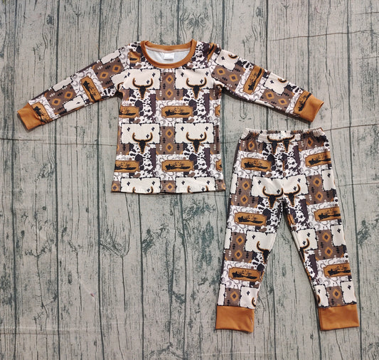 11.5 BLP1200 Sample No Moq Baby Boys Bull Skull Aztec Plaid Top Western Pajamas Set