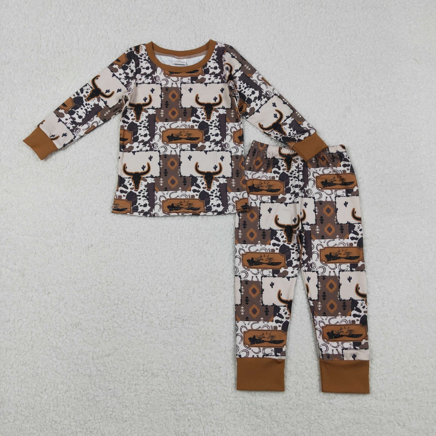 11.18 RTS NO MOQ （In stock）BLP1200 Baby Boys Bull Skull Aztec Checked Top Pants Western Pajamas Set
