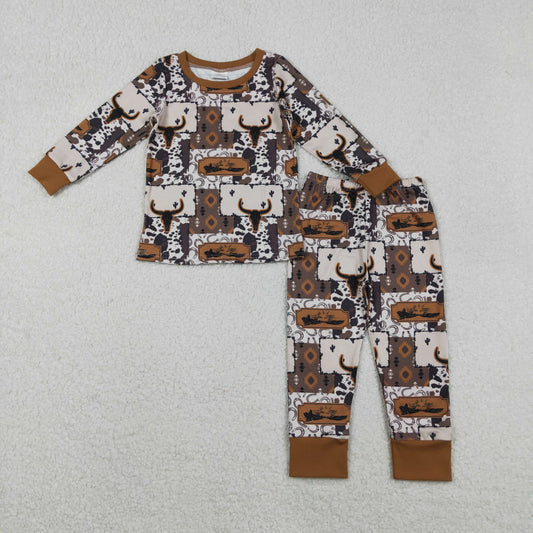 11.18 RTS NO MOQ （In stock）BLP1200 Baby Boys Bull Skull Aztec Checked Top Pants Western Pajamas Set