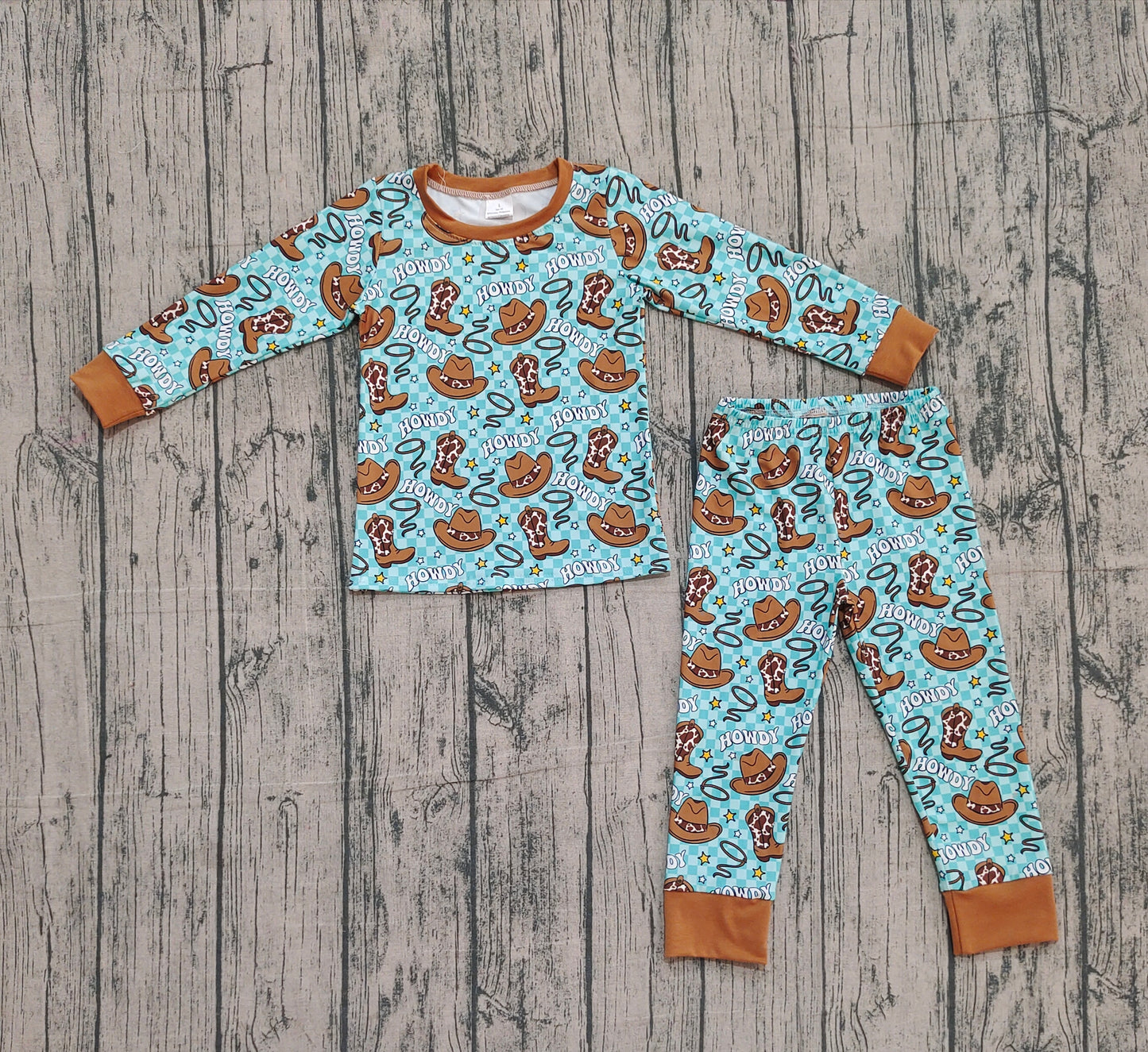 10.13 BLP1207 Sample No Moq Baby Boys Howdy Hats Plaid Top Pants Western Pajamas Set