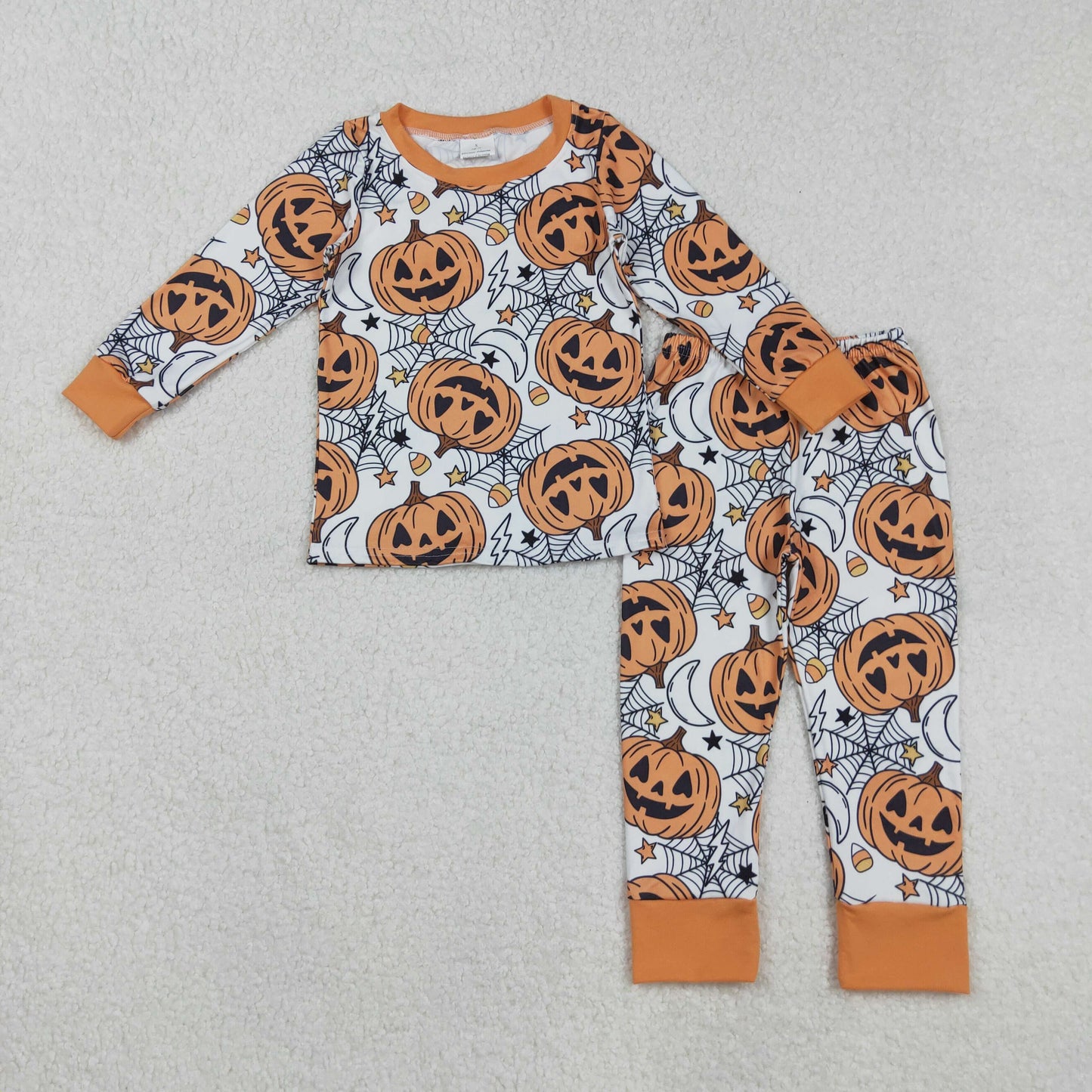 RTS Sibling Baby Girls Winter Outfits Orange Long Sleeve Halloween Pajamas with Pumpkin And Spider Design