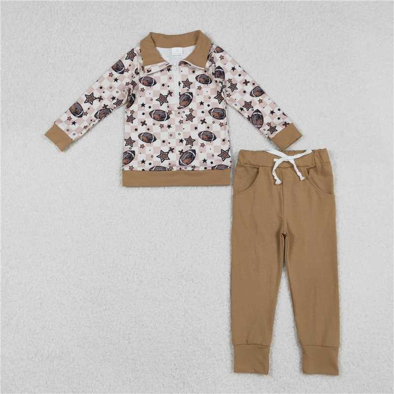 9.29 RTS Sibling Baby Boys Girls Khaki Checked Footballs Pullovers Pockets Pants Team Clothes Sets Zipper Footie Rompers