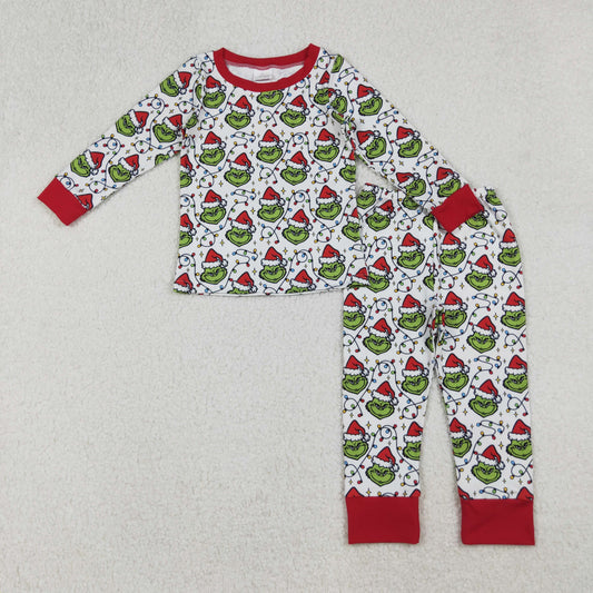 RTS NO MOQ （In stock）BLP1225  Baby Boys Winter Outfits Christmas Lights Green Faces Top Pant Pajamas Set
