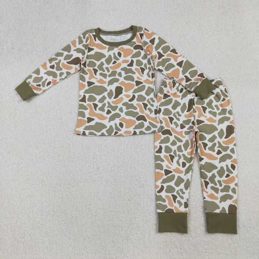 RTS NO MOQ （In stock）BLP1228 Baby Boys Winter Outfits Green Yellow Camo Top Pant Western Pajamas Set