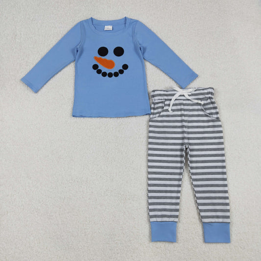 RTS NO MOQ （In stock）BLP1231Baby Boys Winter Outfits Christmas Blue Snowmen Top Stripe Pockets Pants Sets