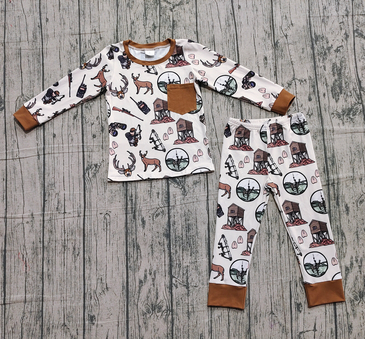 10.20 BLP1236 Sample No Moq Baby Boys Deer Hunting Pocket Top Pant Pajamas Set