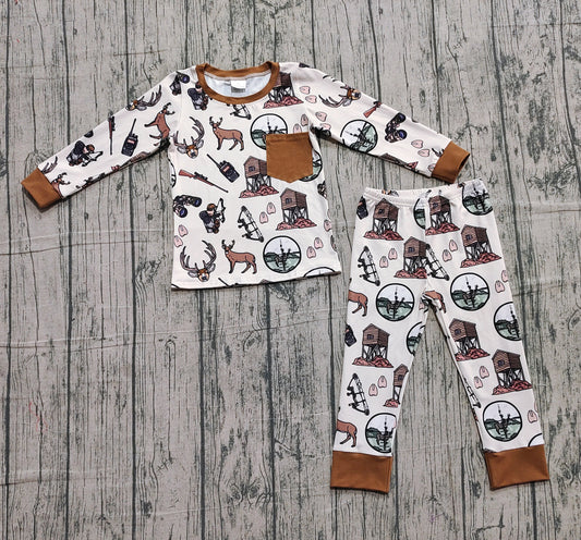 10.20 BLP1236 Sample No Moq Baby Boys Deer Hunting Pocket Top Pant Pajamas Set