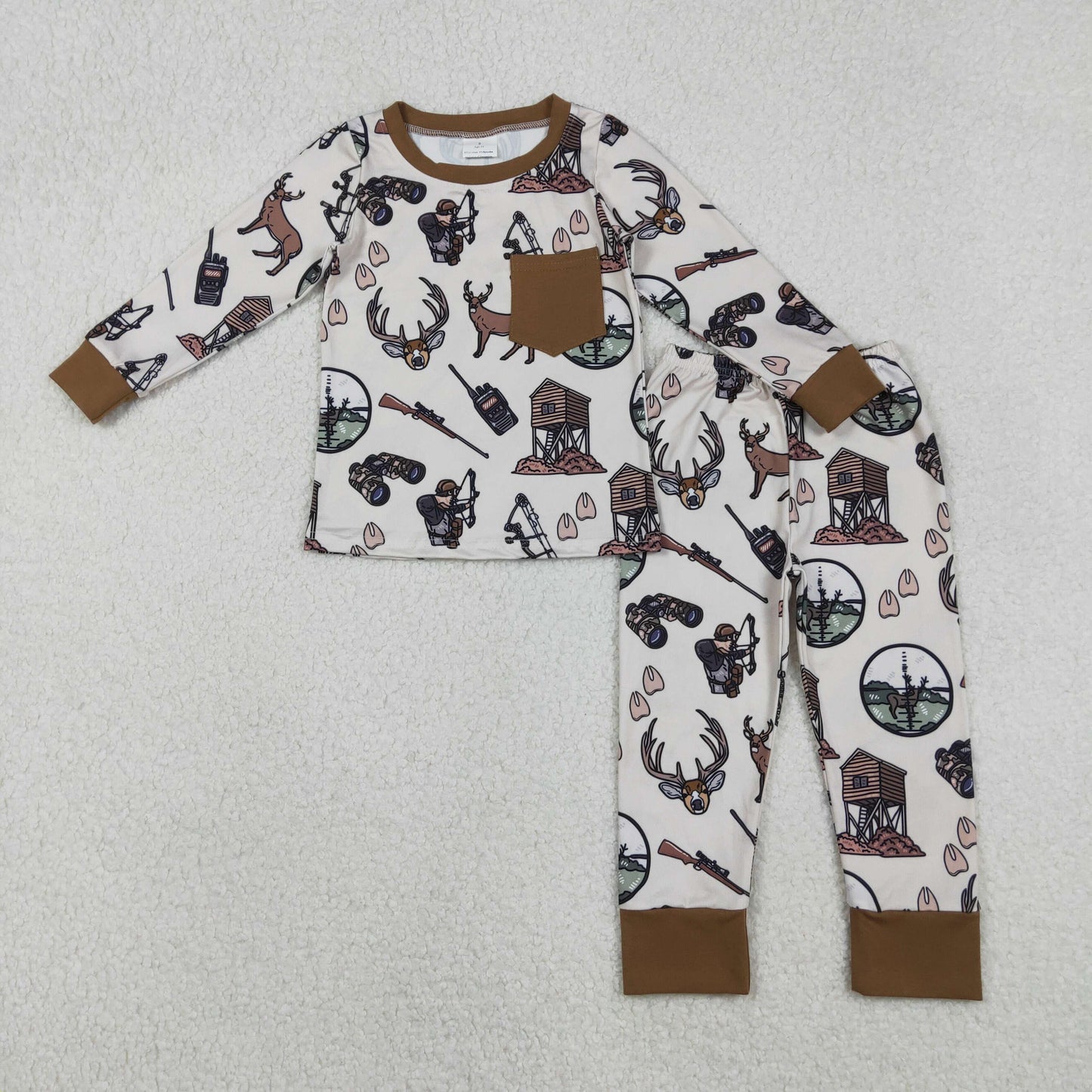 11.12 RTS NO MOQ （In stock）BLP1236 Baby Boys Deer Hunting Pocket Top Pant Pajamas Set