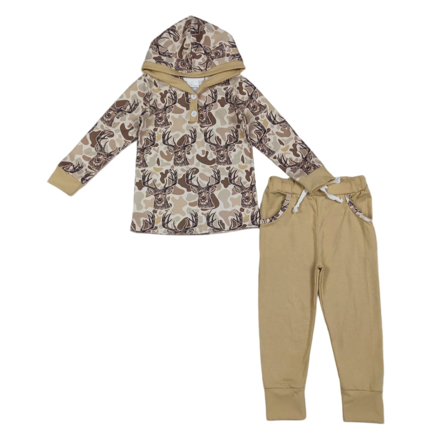 10.10 RTS Sibling Baby Boys Khaki Camo Deer Hoodies Pockets Leggings Hunting Clothes Set Footie Rompers