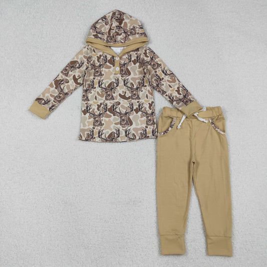 10.10 RTS NO MOQ （In stock）BLP1239 Baby Boys Winter Outfits Baby Boys Khaki Camo Deer Button Hoodies Pockets Leggings Hunting Clothes Set