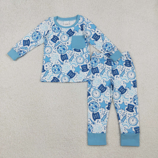 10.20 RTS NO MOQ （In stock）BLP1259 Baby Boys Winter Outfits Baby Boys Blue Pocket Happy New Year Top Pant Pajamas Set