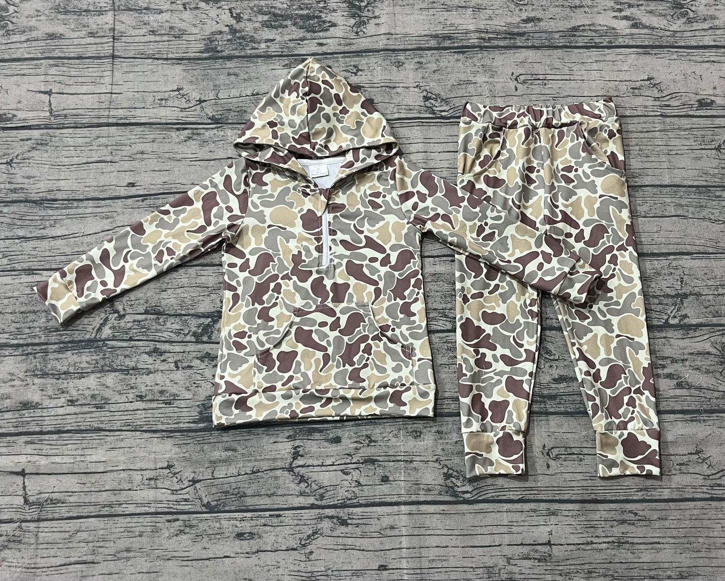 10.4 BLP1266 Sample No Moq Baby Boys Khaki Camo Hoodies Pockets Pant Western Clothes Set