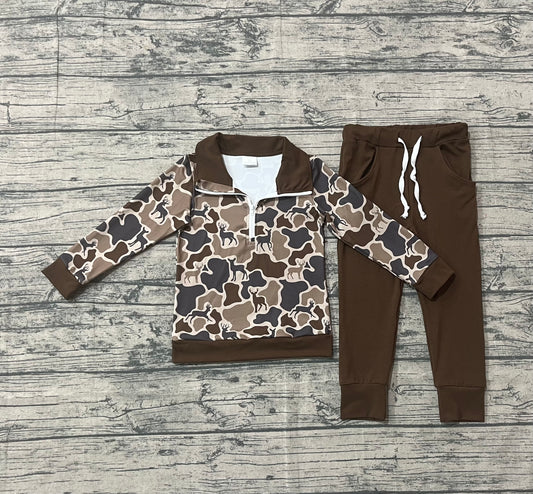 10.4 BLP1270 Sample No Moq Baby Boys Brown Deer Camo Zipper Pullovers Pockets Jogger Pant Western Sets