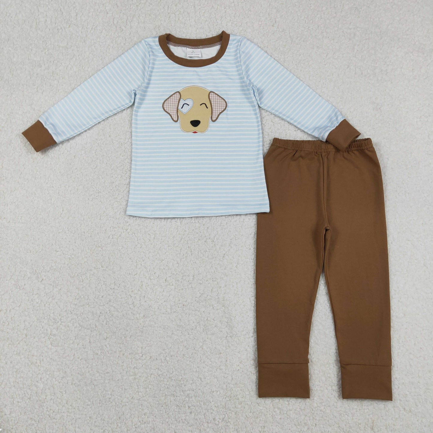 12.16 RTS NO MOQ （In stock）BLP1283 Embroidery Dogs Baby Boys Blue Stripe Top Legging Pants Clothes Sets