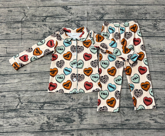9.17 BLP1284 Sample No Moq Fast Coming Baby Boys Yellow Long Sleeves Hearts Button Top Pants Valentine Pajamas Sets