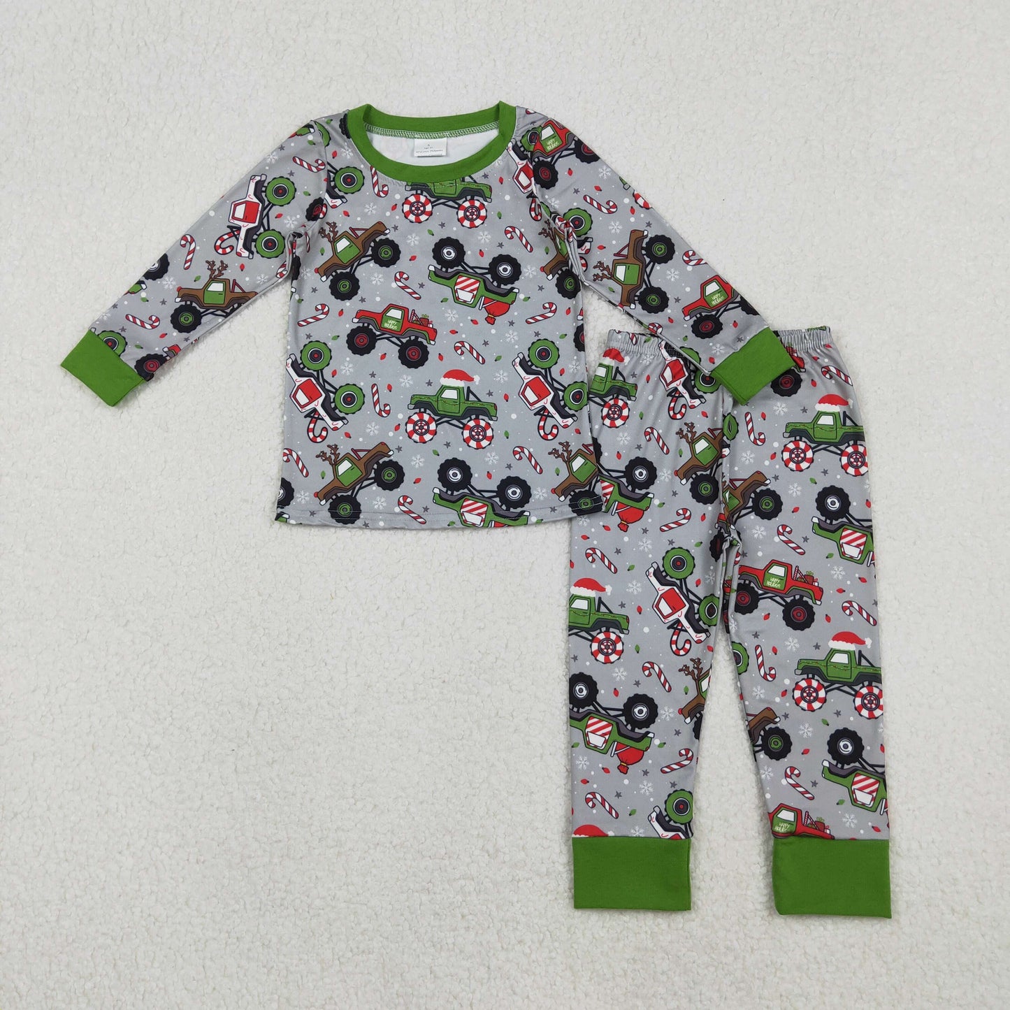 11.1 RTS NO MOQ （In stock）BLP1286 Baby Boys Winter Outfits Baby Boys Trucks Candy Cane Top Pants Christmas Pajamas Sets