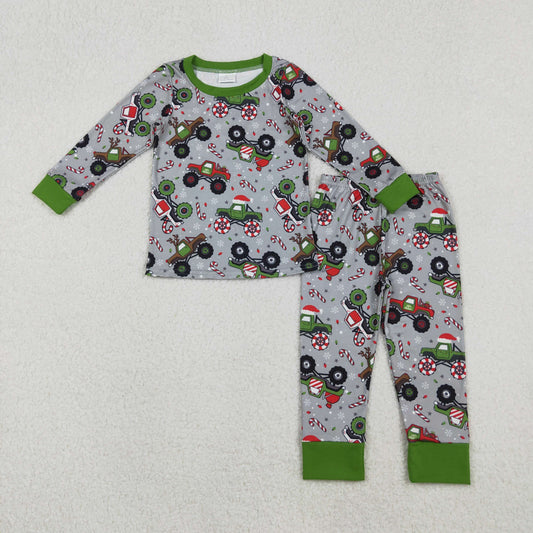 11.1 RTS NO MOQ （In stock）BLP1286 Baby Boys Winter Outfits Baby Boys Trucks Candy Cane Top Pants Christmas Pajamas Sets