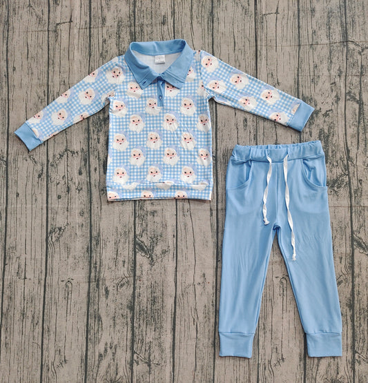 9.24  BLP1295 XS-3XL Sample No Moq Baby Boys Blue Checked Santa Button Top Pockets Pants Christmas Clothes Sets