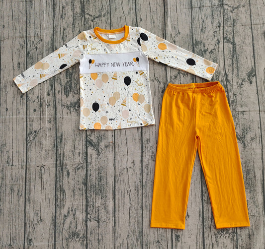 10.10 BLP1299 Sample No Moq Embroidery Happy New Year Baby Boys Balloons Top Pants Clothes Sets