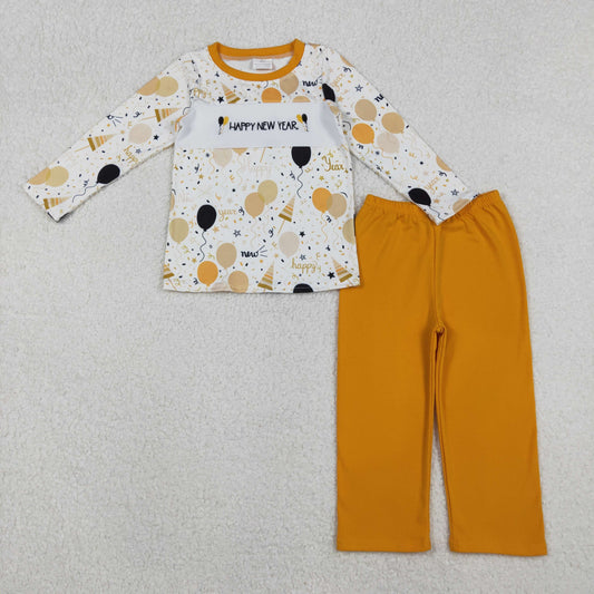 10.31 RTS NO MOQ （In stock）BLP1299 Embroidery Happy New Year Baby Boys Balloons Top Pants Clothes Sets