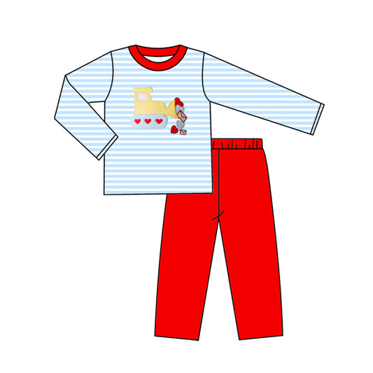 9.23 BLP1302 Baby Boys Hearts Excavator Blue Stripe Top Pants Valentine Clothes Sets Preorder