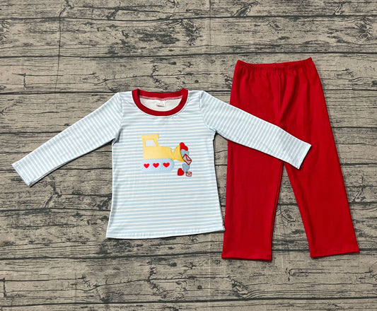 10.4 BLP1302 Sample No Moq Embroidery Hearts Excavator Baby Boys Stripe Top Pants Valentine Clothes Sets