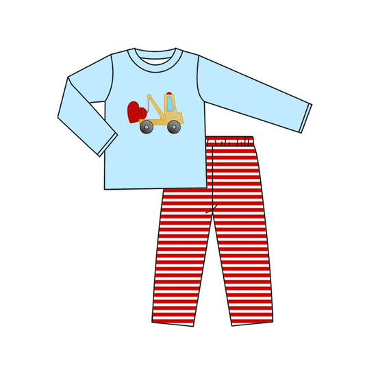 9.24 BLP1303 Pre order No Moq Baby Boys Hearts Excavator Top Stripe Pants Valentine Clothes Sets