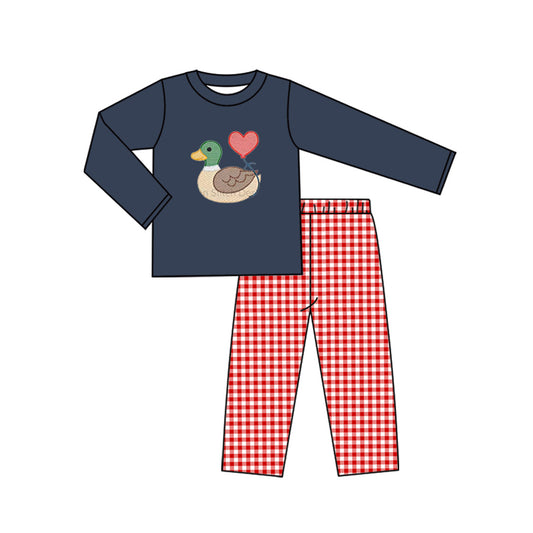 9.24 BLP1304 Pre order No Moq Baby Boys Hearts Ducks Top Checked Pants Valentine Clothes Sets
