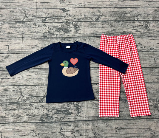 10.4 BLP1304 Sample No Moq Embroidery Hearts Ducks Baby Boys Top Checked Pants Clothes Sets