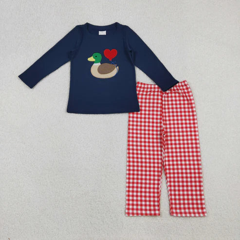 10.29 RTS Sibling Baby Girls Embroidery Duck Hearts Top Red Checked Pants Valentine Clothes Sets