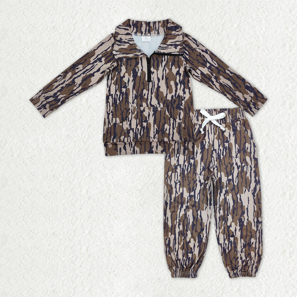 RTS NO MOQ Sibling milk silk Baby Boys Camo Print Half Zip Pocket Pullover And Drawstring Jogger Pants Matching Set