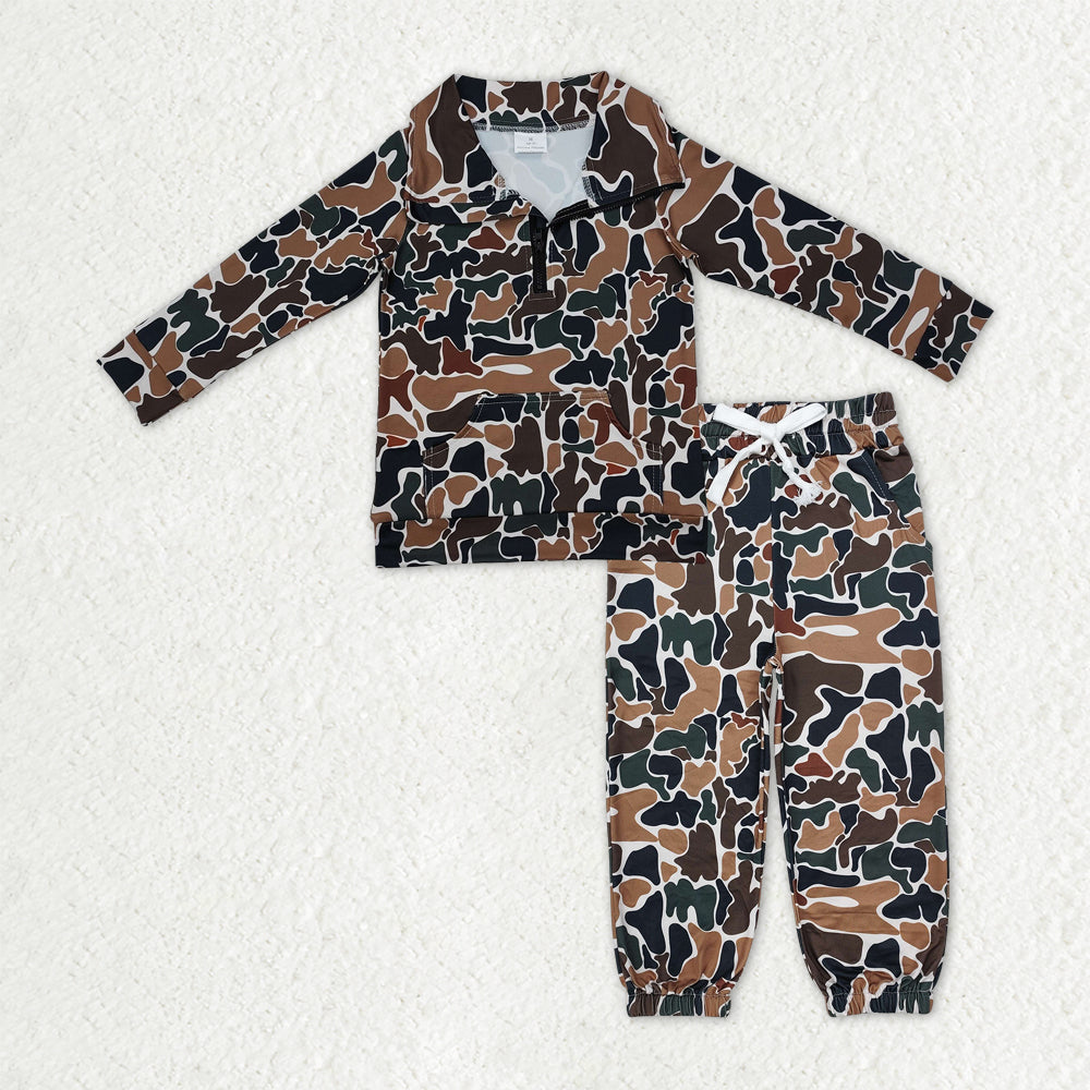RTS NO MOQ Sibling milk silk Baby Boys Camo Print Half Zip Pocket Pullover And Drawstring Jogger Pants Matching Set