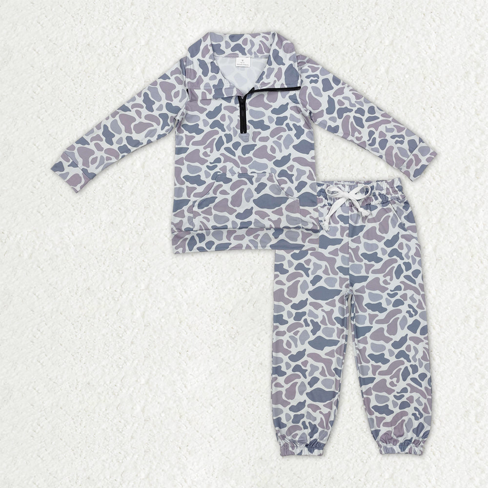 RTS NO MOQ Sibling milk silk Baby Boys Camo Print Half Zip Pocket Pullover And Drawstring Jogger Pants Matching Set