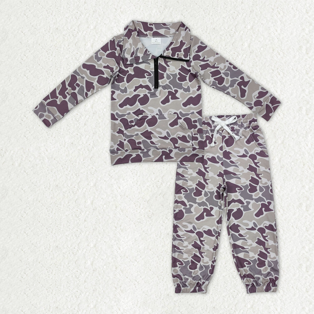 RTS NO MOQ Sibling milk silk Baby Boys Camo Print Half Zip Pocket Pullover And Drawstring Jogger Pants Matching Set