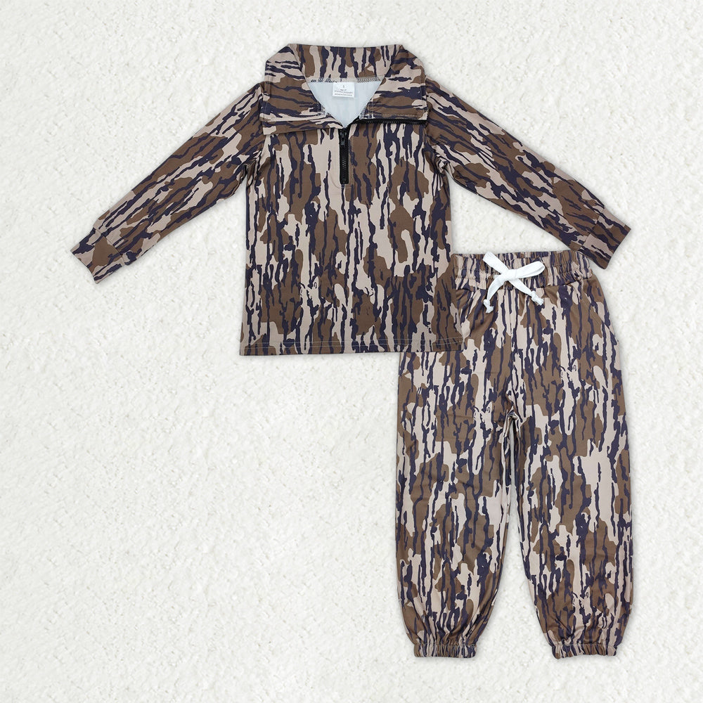 RTS NO MOQ Sibling milk silk Baby Boys Camo Print Half Zip Pocket Pullover And Drawstring Jogger Pants Matching Set
