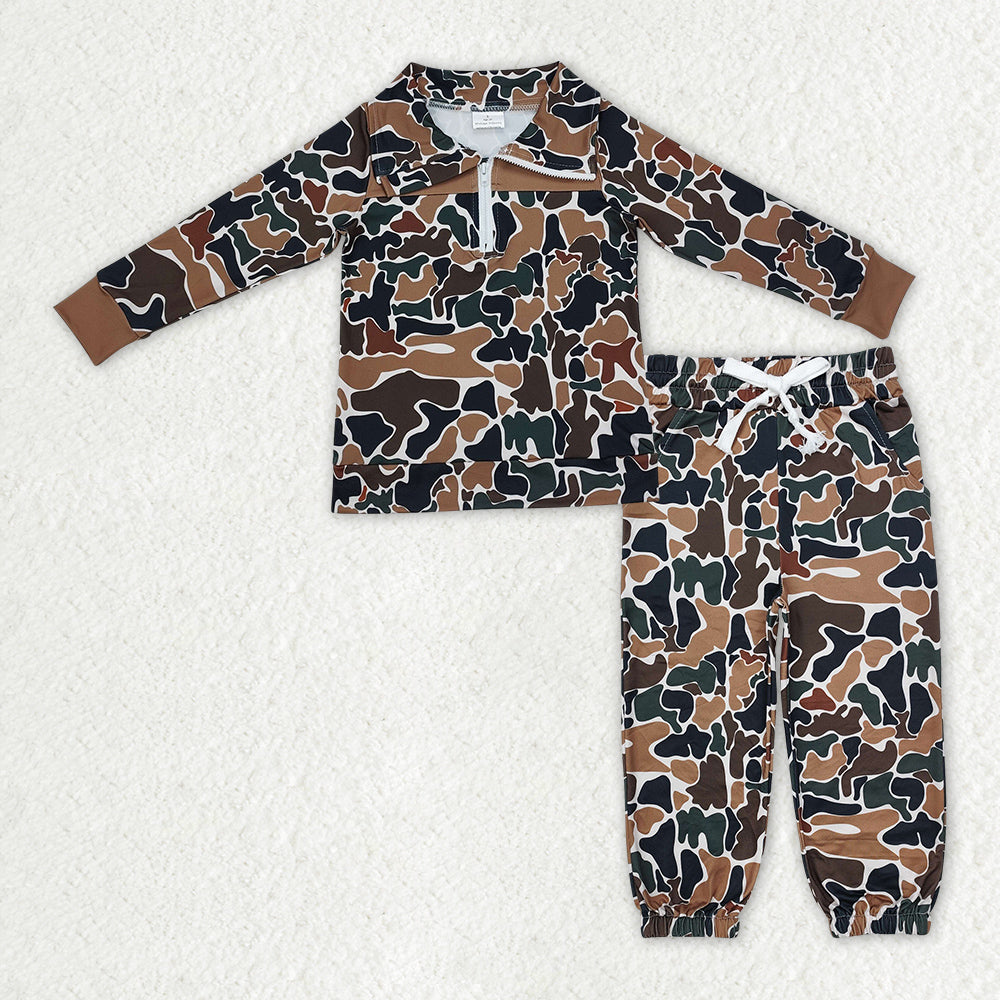 RTS NO MOQ Sibling milk silk Baby Boys Camo Print Half Zip Pocket Pullover And Drawstring Jogger Pants Matching Set