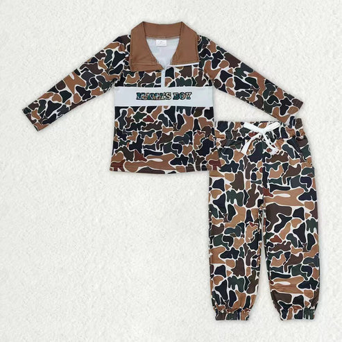 10.14 RTS Sibling Baby Boys Camo Embroidery Mama's Boy Ducks Dogs Zipper Pullover Pockets Jogger Hunting Clothes Set