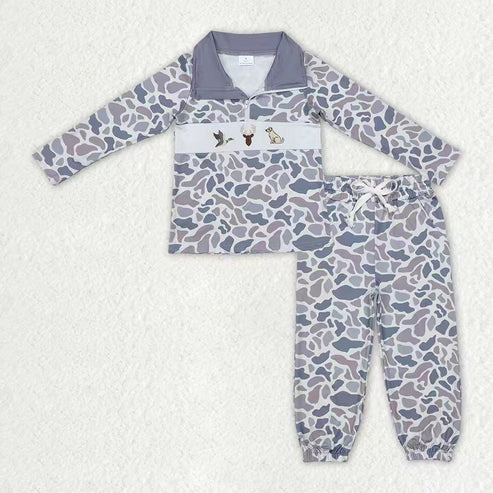 10.14 RTS Sibling Baby Boys Camo Embroidery Mama's Boy Ducks Dogs Zipper Pullover Pockets Jogger Hunting Clothes Set