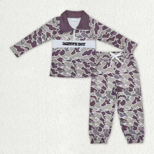 10.14 RTS Sibling Baby Boys Camo Embroidery Mama's Boy Ducks Dogs Zipper Pullover Pockets Jogger Hunting Clothes Set