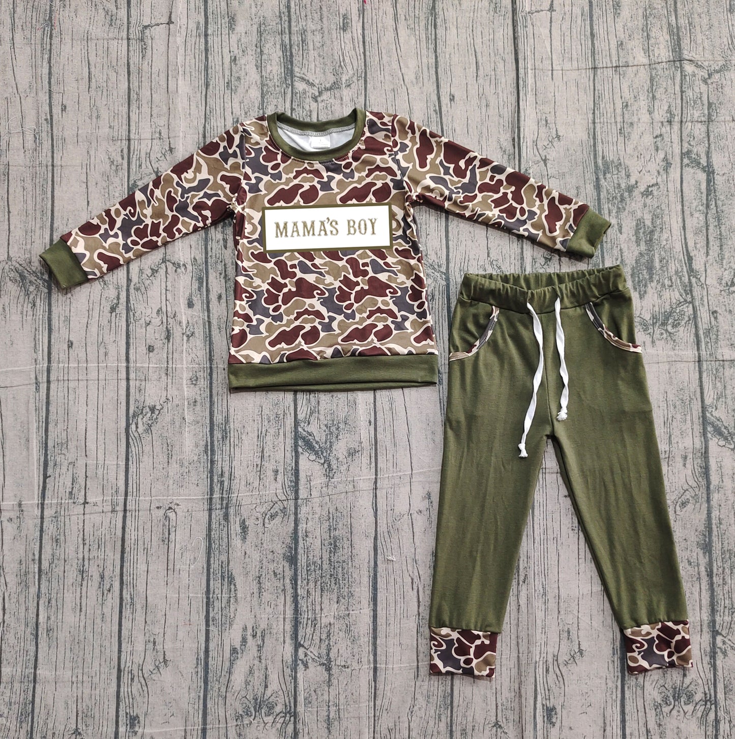 10.21 BLP1330 Sample No Moq Embroidery Mama's Boy Baby Boys Camo Top Pockets Jogger Pants Clothes Sets