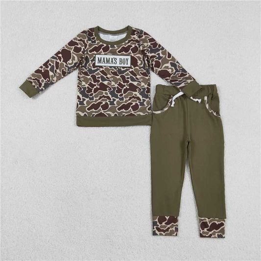 11.26 RTS NO MOQ （In stock）BLP1330 Embroidery Mama's Boy Baby Boys Dark Khaki Camo Top Pockets Jogger Pants Clothes Sets