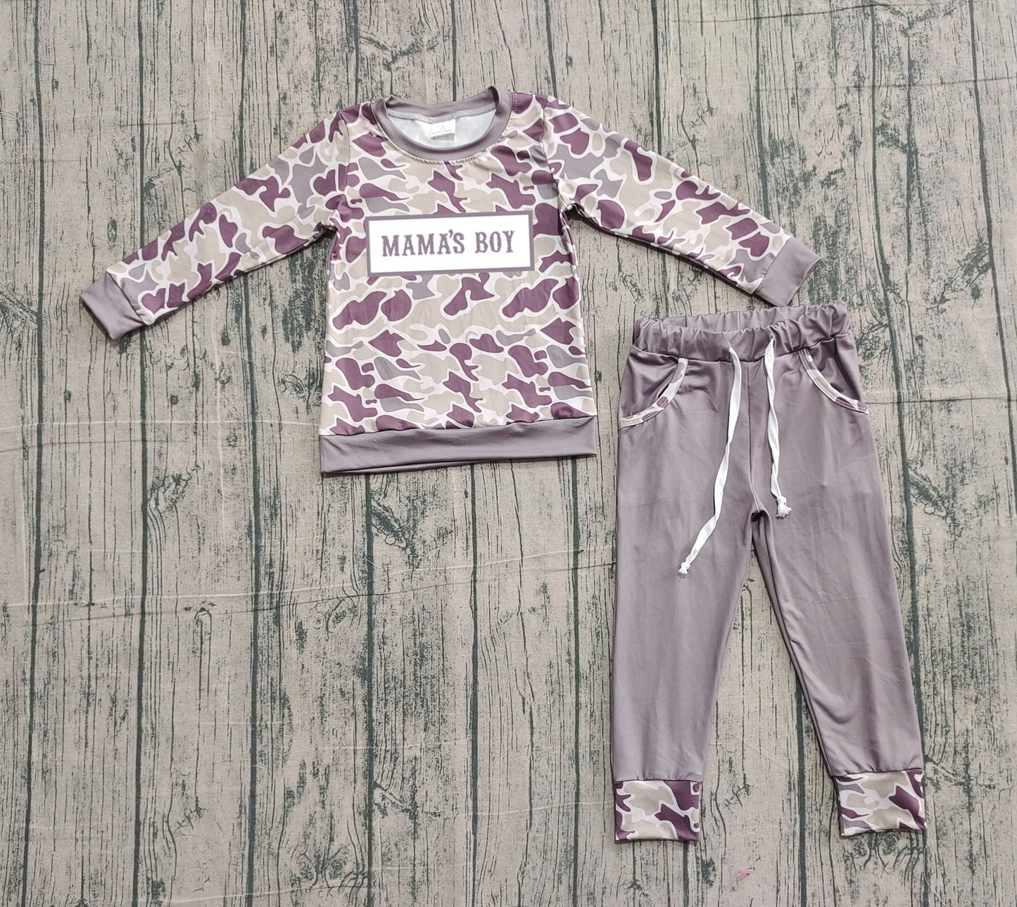 10.21 BLP1333 Sample No Moq Embroidery Mama's Boy Baby Boys Camo Top Pockets Jogger Pants Clothes Sets