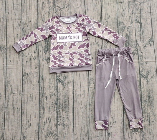 10.21 BLP1333 Sample No Moq Embroidery Mama's Boy Baby Boys Camo Top Pockets Jogger Pants Clothes Sets