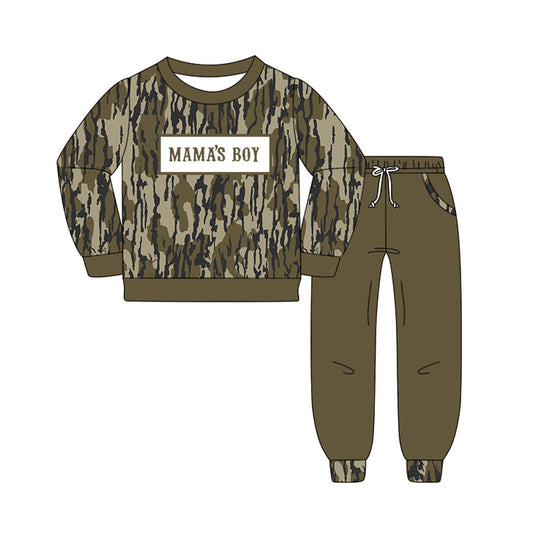 10.15 BLP1334 Pre order No Moq Baby Boys Olive Camo Mama's Boy Top Pockets Jogger Pants Clothes Sets