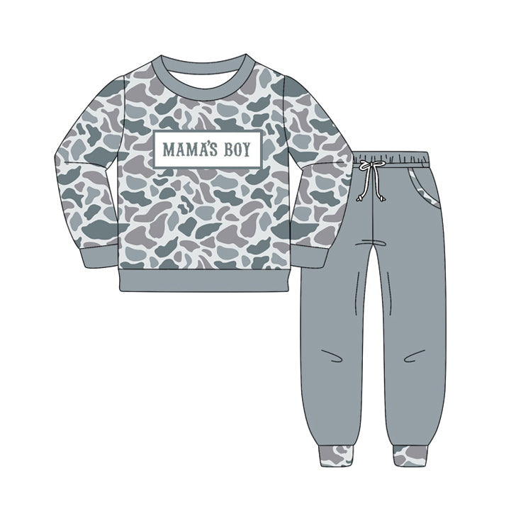 10.15 BLP1335 Pre order No Moq Baby Boys Grey Camo Mama's Boy Top Pockets Jogger Pants Clothes Sets