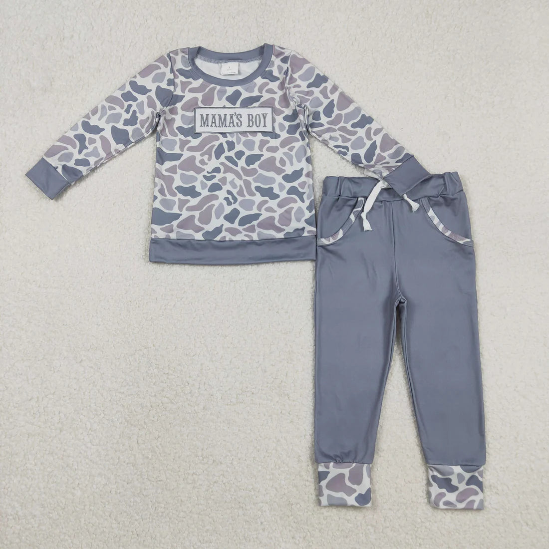 11.25 RTS Sibling Baby Boys Embroidery Mama's Boy Camo Top Pockets Pants Clothes Sets