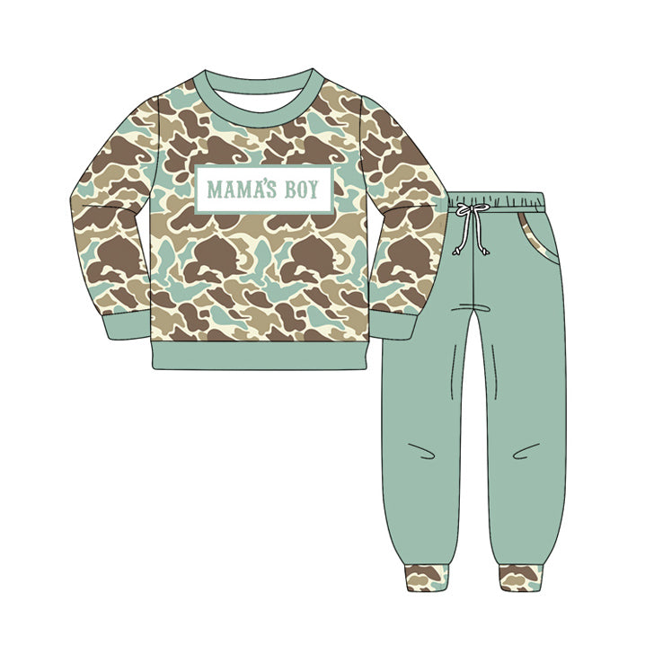 10.15 BLP1336 Pre order No Moq Baby Boys Green Khaki Camo Mama's Boy Top Pockets Jogger Pants Clothes Sets