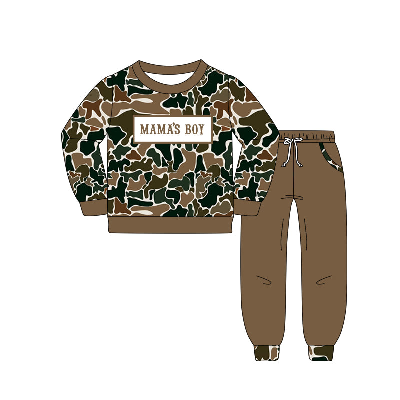 10.15 BLP1337 Pre order No Moq Baby Boys Dark Brown Camo Mama's Boy Top Pockets Jogger Pants Clothes Sets
